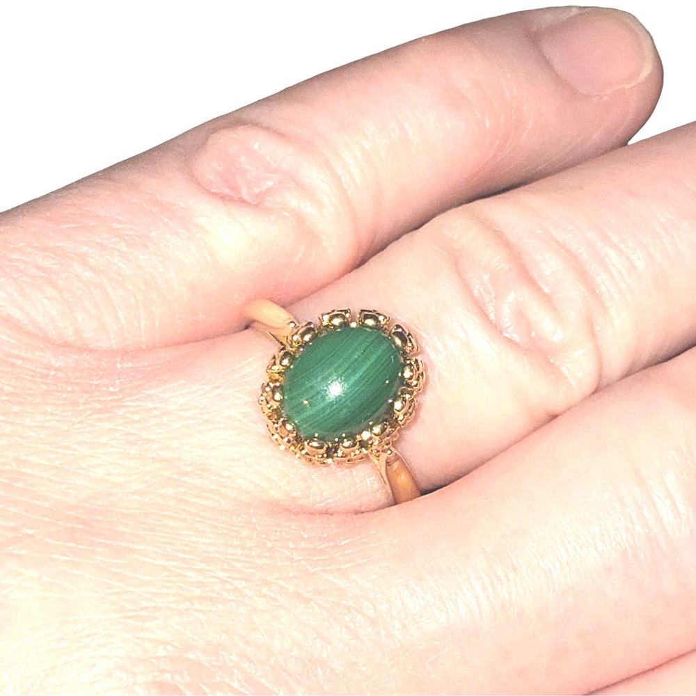 Lind Malachite Cocktail Ring Women Size 8 Green 14K HGE Vintage Ornate Crown